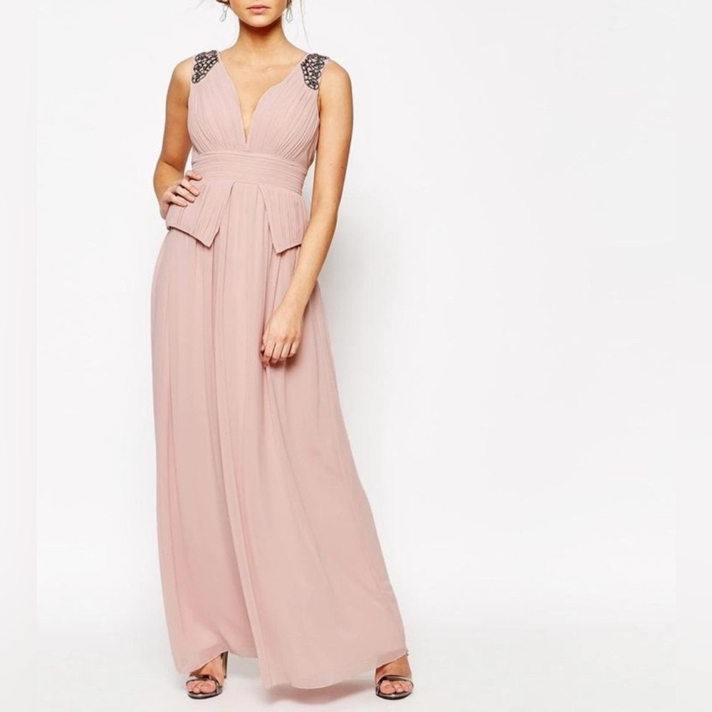 Little Mistress Beaded Sleeveless Plunge V-Neck Peplum Maxi Dress from ASOS